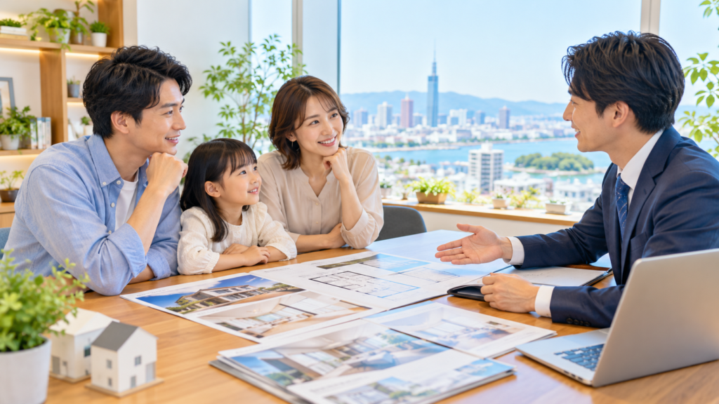 不動産の売却方法を相談する家族と担当者